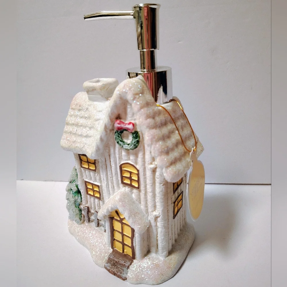 NWT Christmas Ceramic Glitter Village House Soap Lotion Dispenser Holiday Decor
